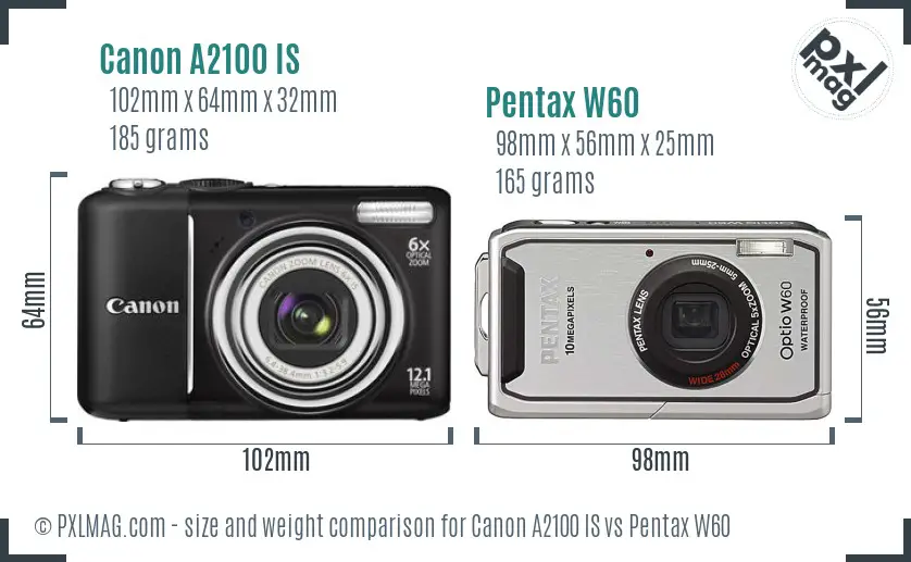 Canon A2100 IS vs Pentax W60 size comparison Canon A2100 IS vs Pentax W60 size comparison