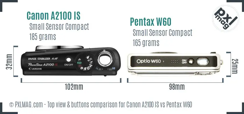 Canon A2100 IS vs Pentax W60 top view buttons comparison Canon A2100 IS vs Pentax W60 top view buttons comparison