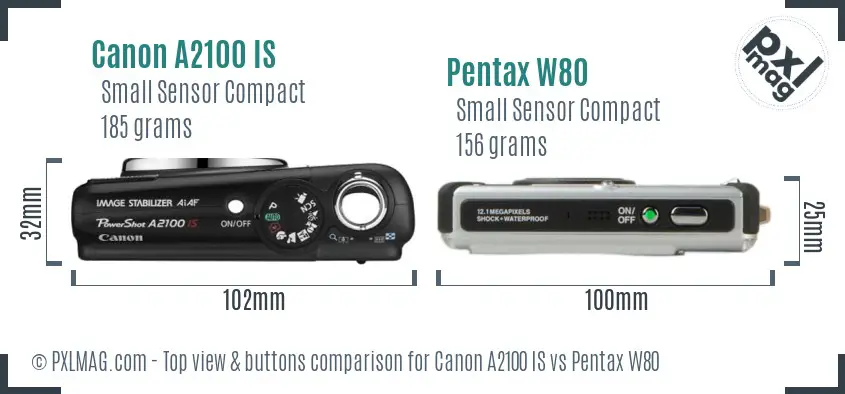 Canon A2100 IS vs Pentax W80 top view buttons comparison Canon A2100 IS vs Pentax W80 top view buttons comparison