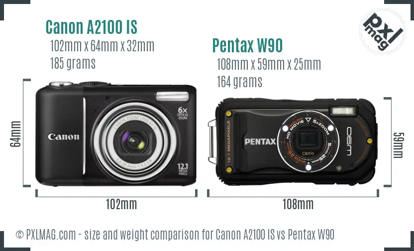 Canon A2100 IS vs Pentax W90 size comparison Canon A2100 IS vs Pentax W90 size comparison
