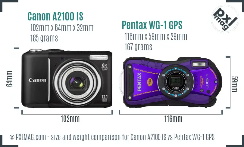 Canon A2100 IS vs Pentax WG-1 GPS size comparison