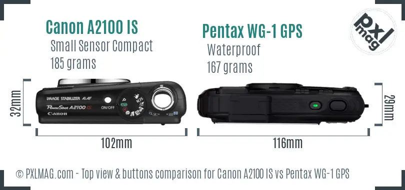 Canon A2100 IS vs Pentax WG-1 GPS top view buttons comparison