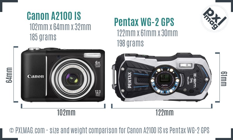 Canon A2100 IS vs Pentax WG-2 GPS size comparison Canon A2100 IS vs Pentax WG-2 GPS size comparison
