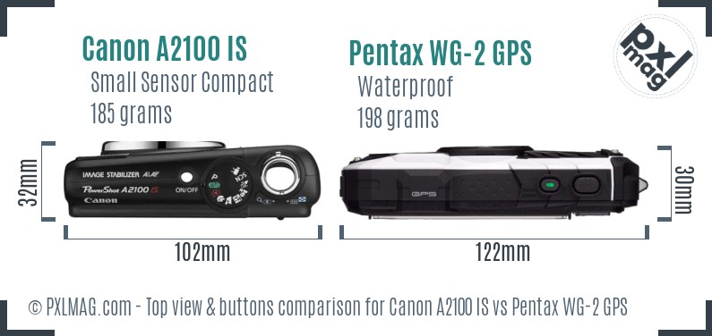 Canon A2100 IS vs Pentax WG-2 GPS top view buttons comparison