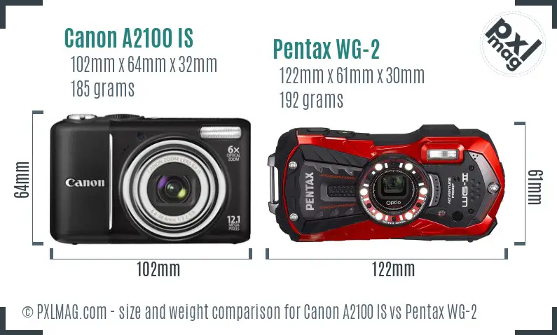 Canon A2100 IS vs Pentax WG-2 size comparison