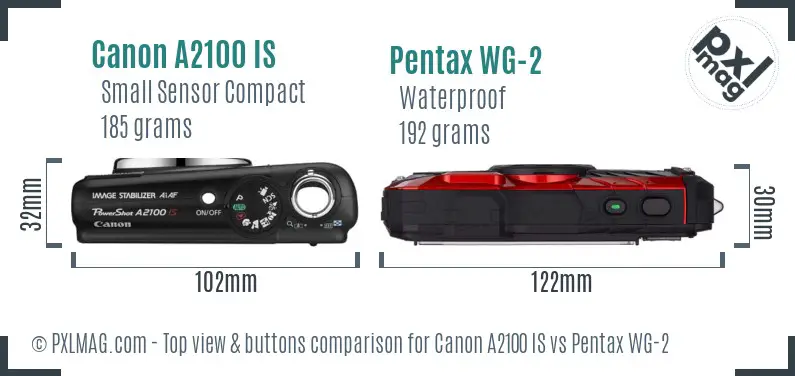 Canon A2100 IS vs Pentax WG-2 top view buttons comparison