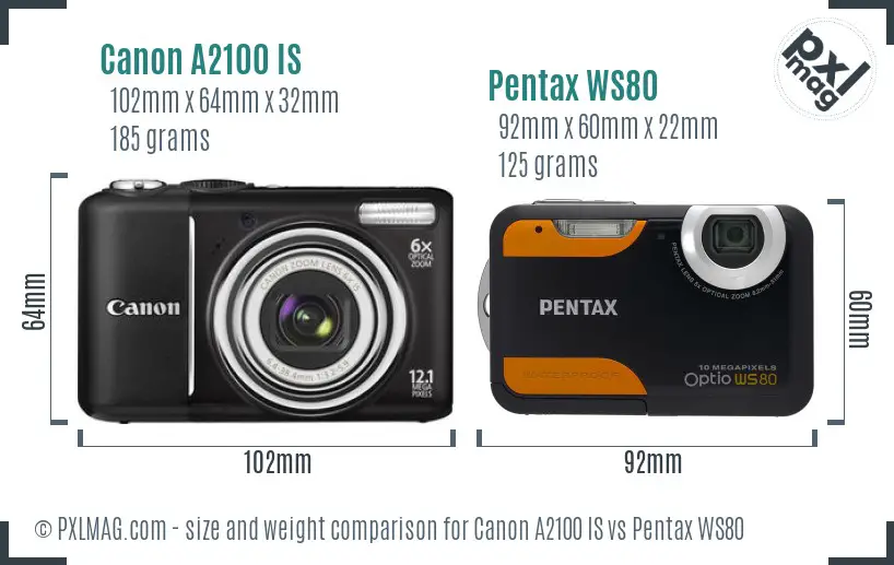 Canon A2100 IS vs Pentax WS80 size comparison