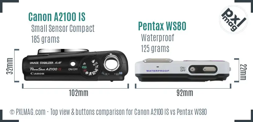 Canon A2100 IS vs Pentax WS80 top view buttons comparison