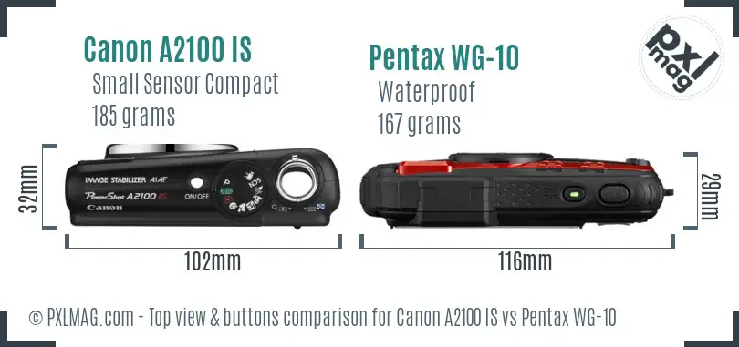 Canon A2100 IS vs Pentax WG-10 top view buttons comparison Canon A2100 IS vs Pentax WG-10 top view buttons comparison