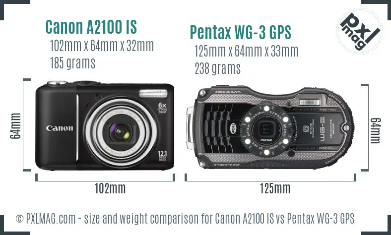 Canon A2100 IS vs Pentax WG-3 GPS size comparison