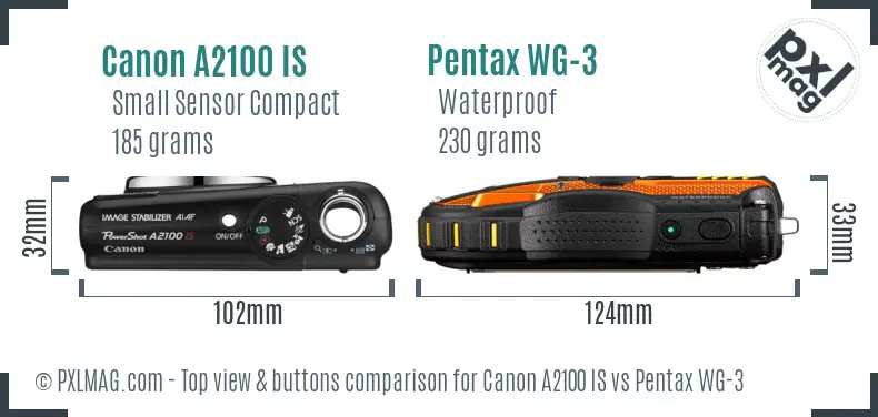 Canon A2100 IS vs Pentax WG-3 top view buttons comparison Canon A2100 IS vs Pentax WG-3 top view buttons comparison