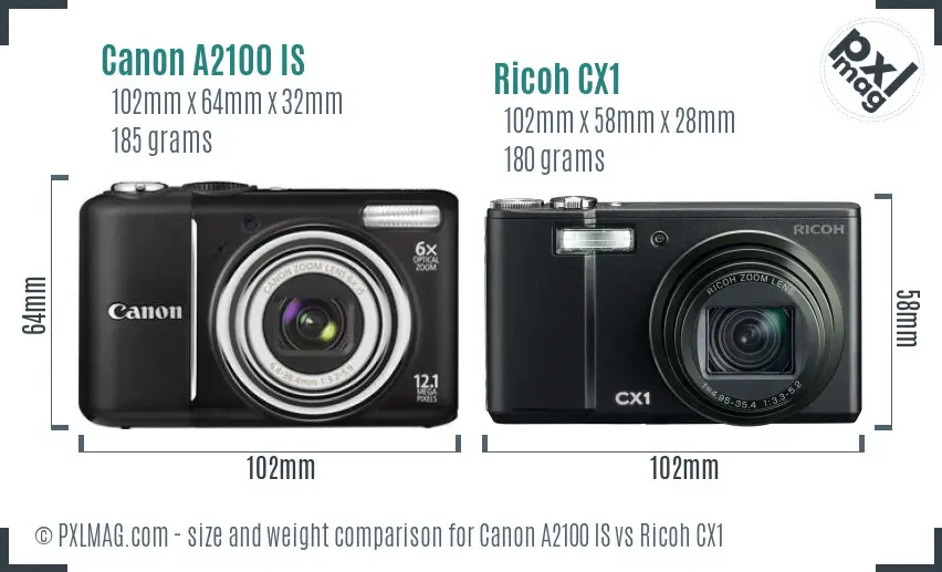 Canon A2100 IS vs Ricoh CX1 size comparison