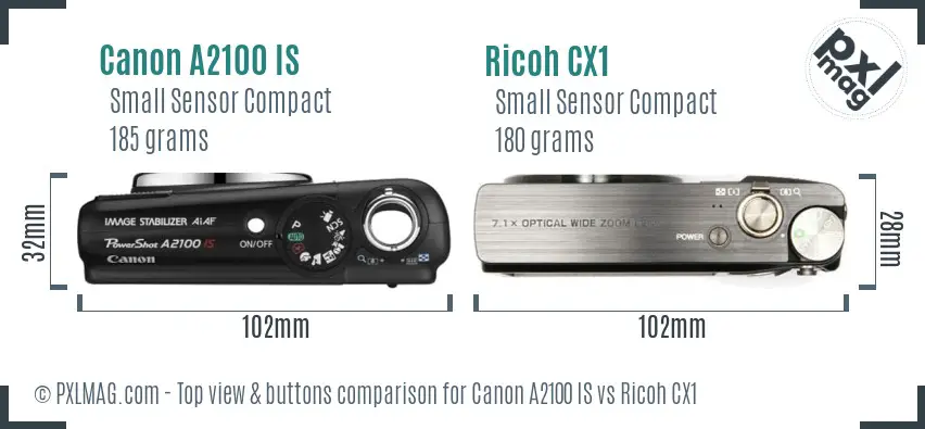 Canon A2100 IS vs Ricoh CX1 top view buttons comparison