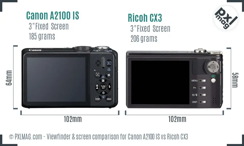 Canon A2100 IS vs Ricoh CX3 Screen and Viewfinder comparison Canon A2100 IS vs Ricoh CX3 Screen and Viewfinder comparison