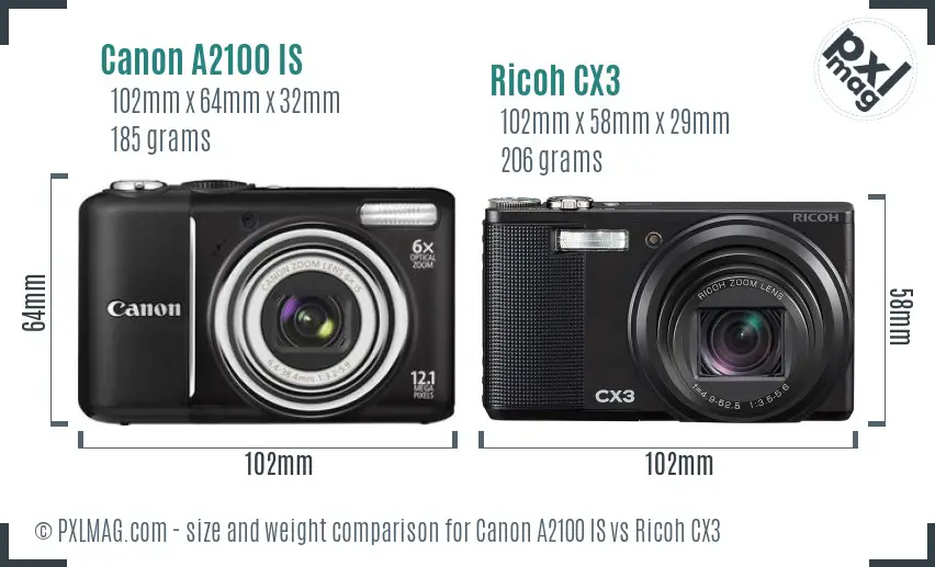 Canon A2100 IS vs Ricoh CX3 size comparison Canon A2100 IS vs Ricoh CX3 size comparison
