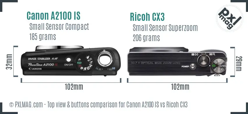 Canon A2100 IS vs Ricoh CX3 top view buttons comparison Canon A2100 IS vs Ricoh CX3 top view buttons comparison