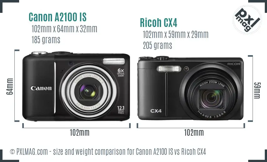 Canon A2100 IS vs Ricoh CX4 Size Comparison