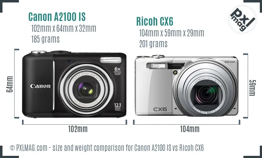 Canon A2100 IS vs Ricoh CX6 size comparison