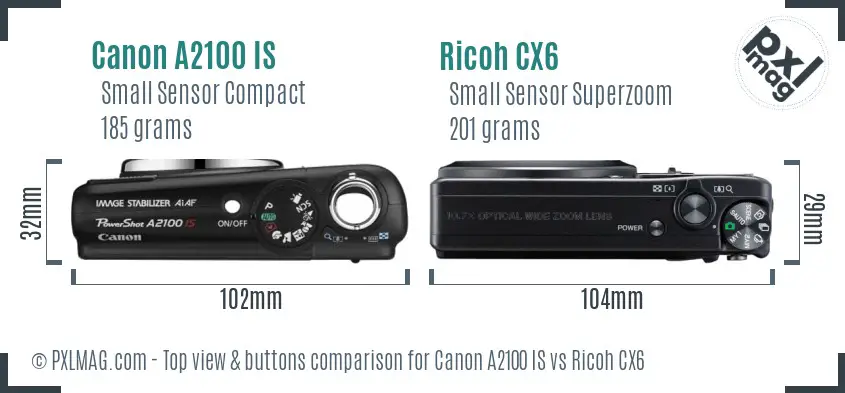 Canon A2100 IS vs Ricoh CX6 top view buttons comparison