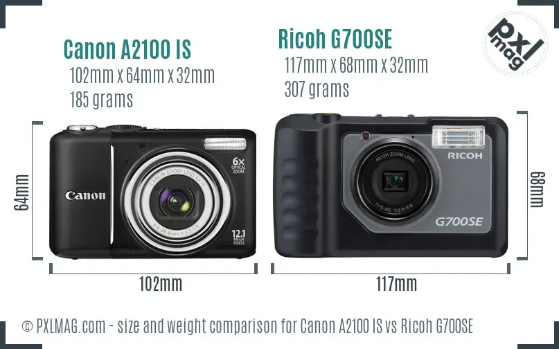 Canon A2100 IS vs Ricoh G700SE size comparison