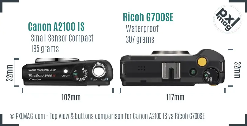 Canon A2100 IS vs Ricoh G700SE top view buttons comparison