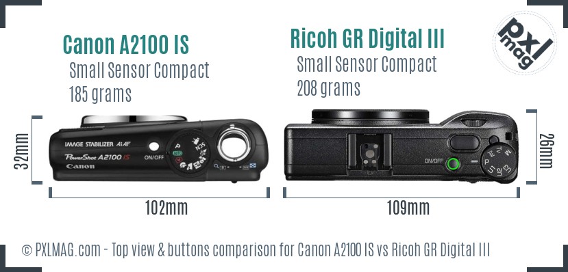 Canon A2100 IS vs Ricoh GR Digital III top view buttons comparison