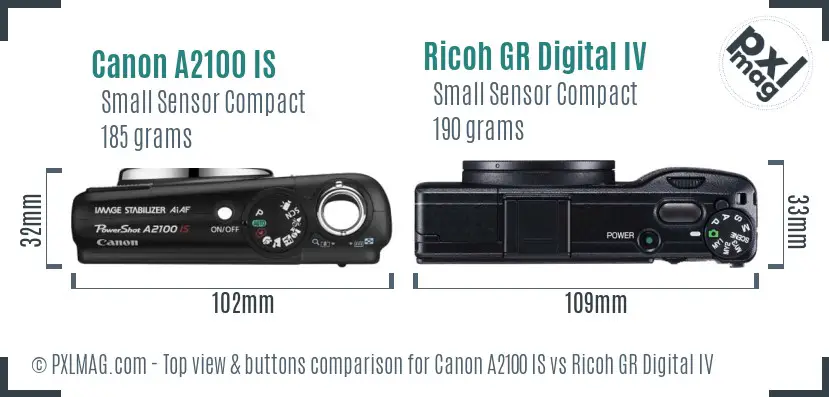 Canon A2100 IS vs Ricoh GR Digital IV top view buttons comparison