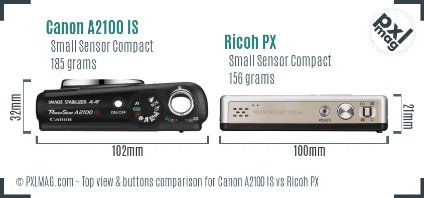 Canon A2100 IS vs Ricoh PX top view buttons comparison