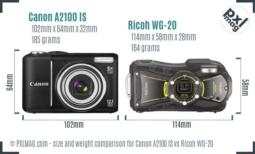 Canon A2100 IS vs Ricoh WG-20 size comparison