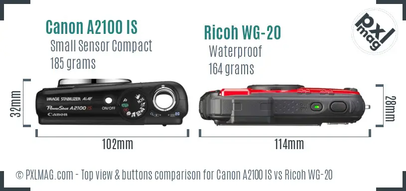 Canon A2100 IS vs Ricoh WG-20 top view buttons comparison