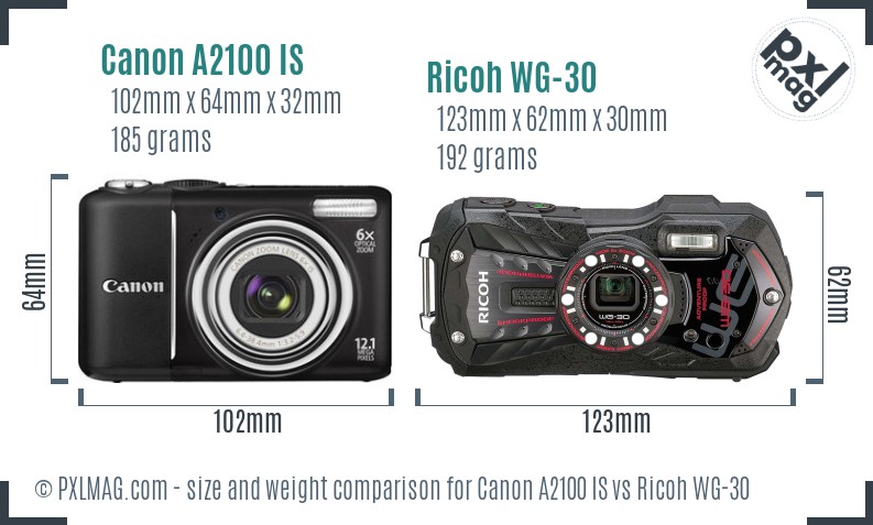 Canon A2100 IS vs Ricoh WG-30 size comparison