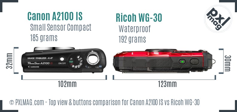 Canon A2100 IS vs Ricoh WG-30 top view buttons comparison