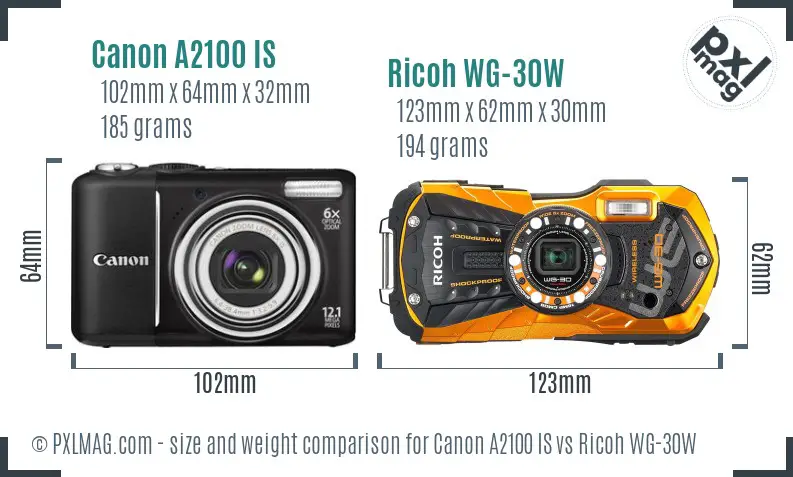 Canon A2100 IS vs Ricoh WG-30W size comparison Canon A2100 IS vs Ricoh WG-30W size comparison