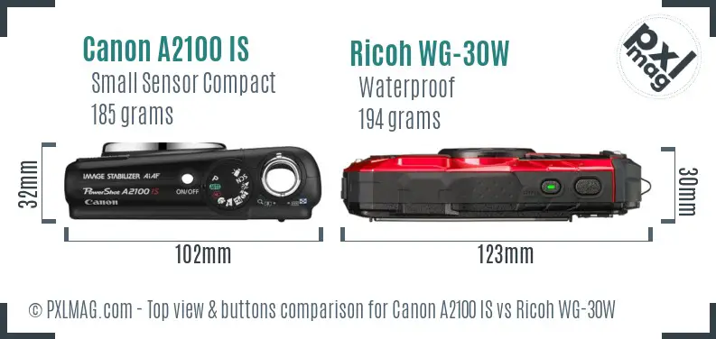 Canon A2100 IS vs Ricoh WG-30W top view buttons comparison Canon A2100 IS vs Ricoh WG-30W top view buttons comparison