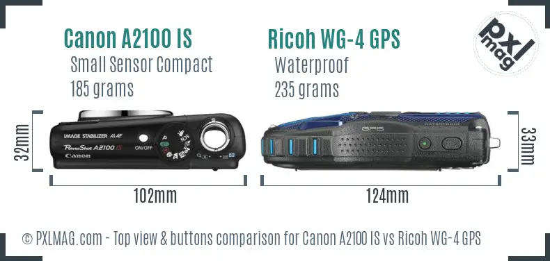 Canon A2100 IS vs Ricoh WG-4 GPS top view buttons comparison Canon A2100 IS vs Ricoh WG-4 GPS top view buttons comparison