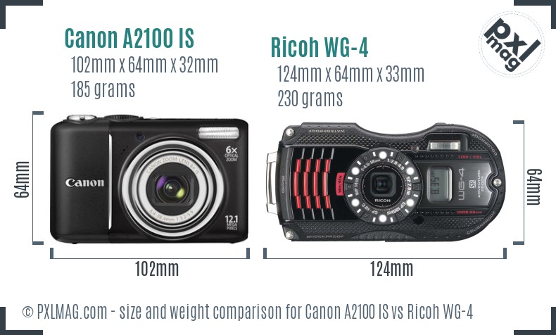 Canon A2100 IS vs Ricoh WG-4 size comparison
