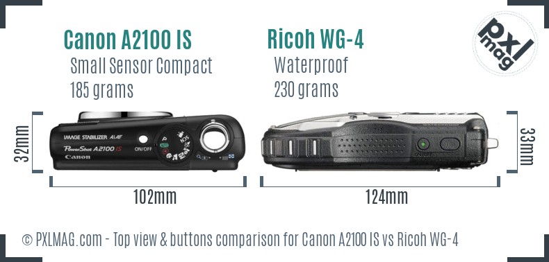Canon A2100 IS vs Ricoh WG-4 top view buttons comparison