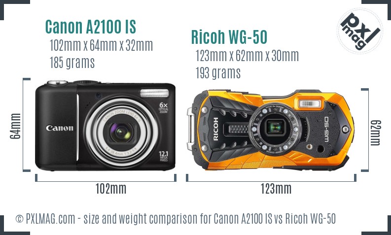 Canon A2100 IS vs Ricoh WG-50 size comparison