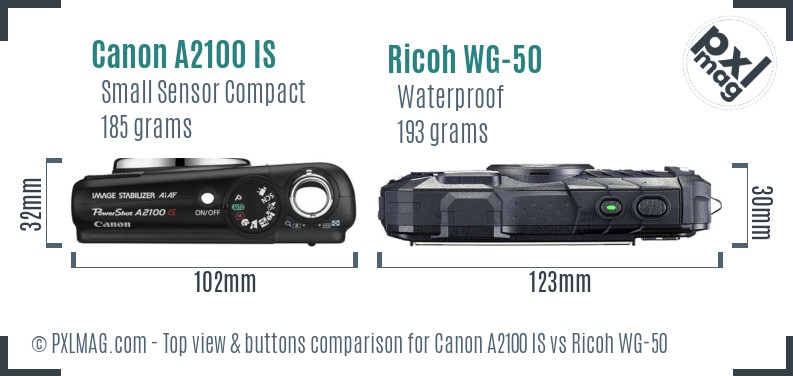 Canon A2100 IS vs Ricoh WG-50 top view buttons comparison