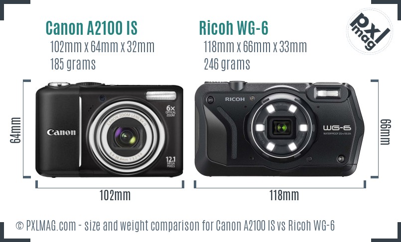Canon A2100 IS vs Ricoh WG-6 size comparison