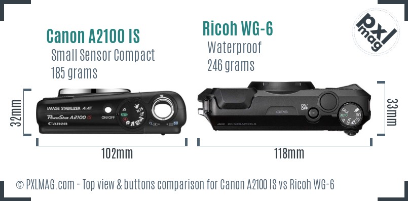 Canon A2100 IS vs Ricoh WG-6 top view buttons comparison