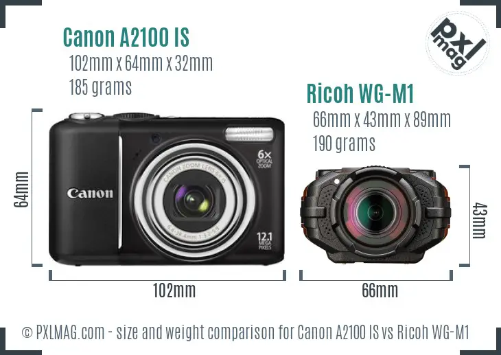 Canon A2100 IS vs Ricoh WG-M1 size comparison