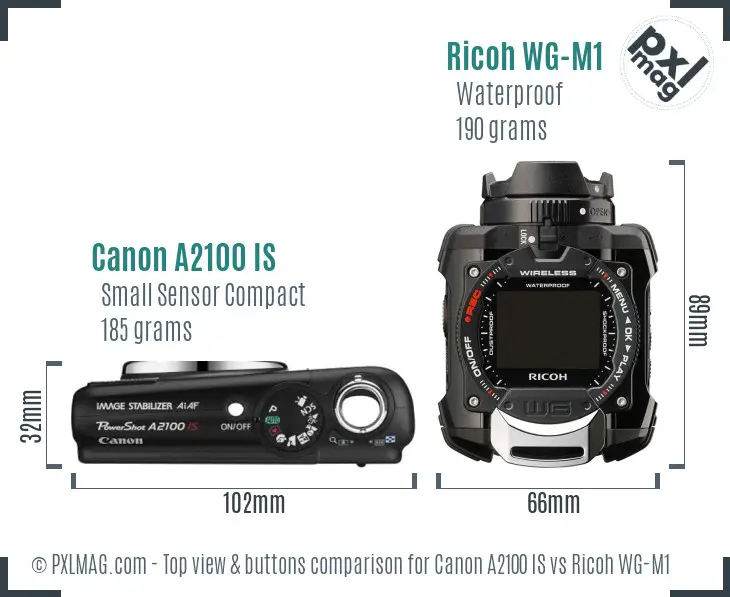 Canon A2100 IS vs Ricoh WG-M1 top view buttons comparison
