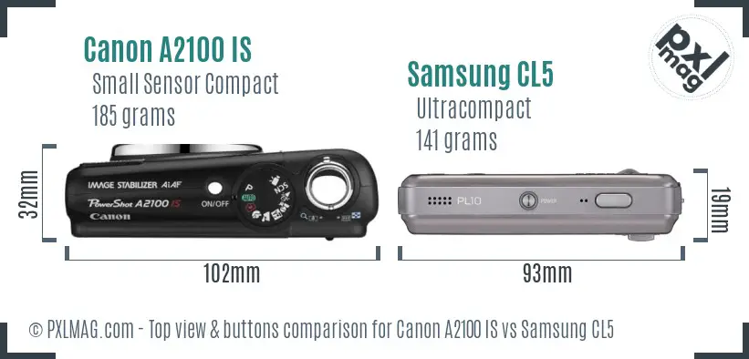 Canon A2100 IS vs Samsung CL5 top view buttons comparison