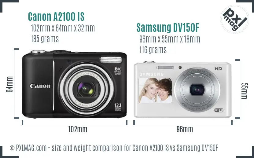 Canon A2100 IS vs Samsung DV150F size comparison