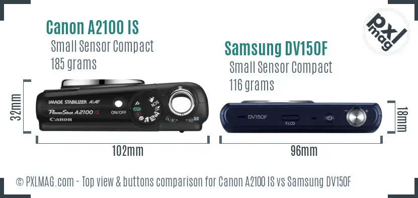 Canon A2100 IS vs Samsung DV150F top view buttons comparison