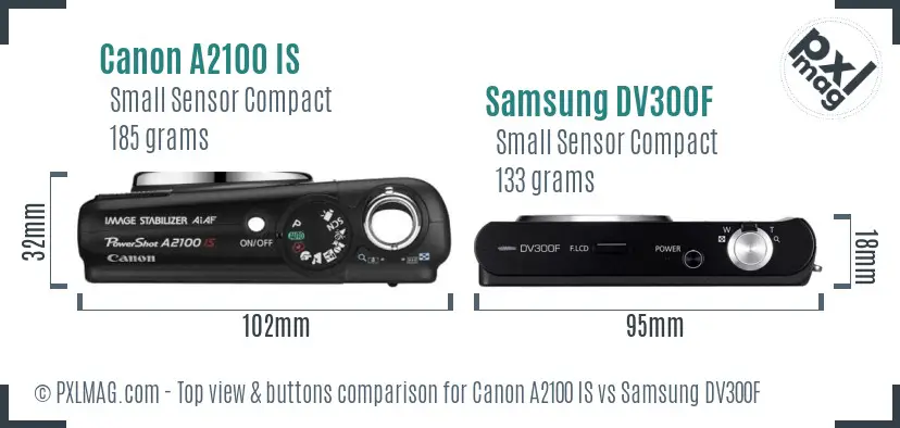 Canon A2100 IS vs Samsung DV300F top view buttons comparison