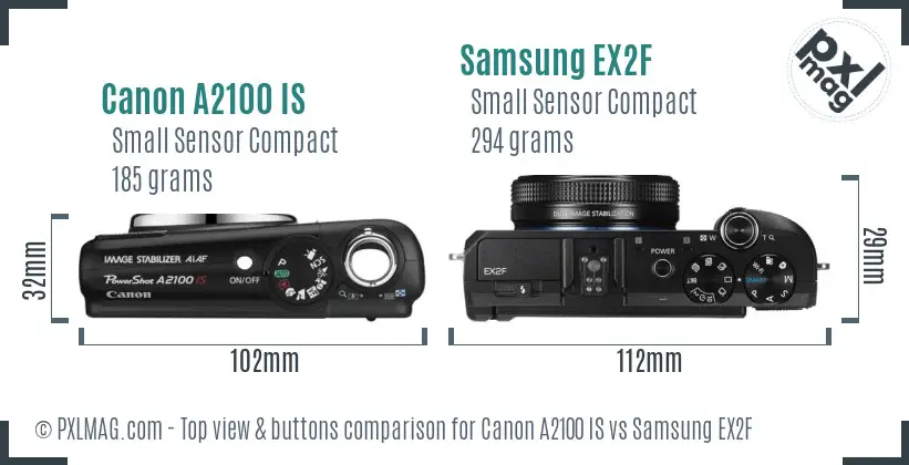 Canon A2100 IS vs Samsung EX2F top view buttons comparison
