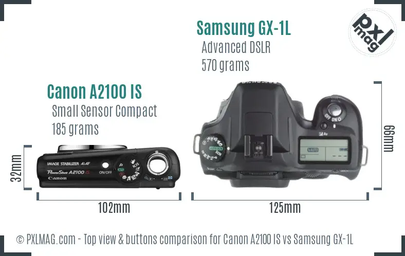 Canon A2100 IS vs Samsung GX-1L top view buttons comparison Canon A2100 IS vs Samsung GX-1L top view buttons comparison