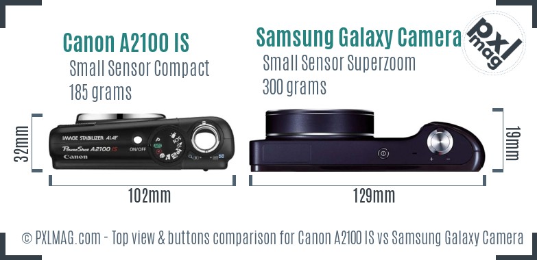 Canon A2100 IS vs Samsung Galaxy Camera top view buttons comparison
